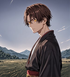 score_9,1boy, men, solo, 17 years old, (side view),  dark brown hair, baggy eyes  (ringed eyes, yellow eyes, Beautiful eyes, muscular arms, defined body), (masterpiece, best quality, modell, official art, beautiful and aesthetic:1.2), dark colors, kimono, hayato gokudera, outdoors