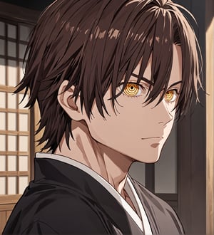 score_9,1boy, men, solo, 19 years old, (side view),  dark brown hair, baggy eyes  (ringed eyes, yellow eyes, Beautiful eyes, normal muscular muscular arms, defined body), (masterpiece, best quality, modell, official art, beautiful and aesthetic:1.2), dark colors, kimono, hayato gokudera, outdoors