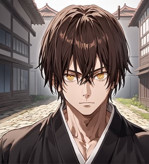 score_9,1boy, men, solo, 25 years old, (face view),  dark brown hair, baggy eyes  (ringed eyes, yellow eyes, Beautiful eyes, muscular arms, defined body), (masterpiece, best quality, modell, official art, beautiful and aesthetic:1.2), dark colors, kimono, hayato gokudera, outdoors