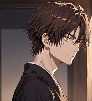 score_9,1boy, men, solo, 17 years old, (side view),  dark brown hair, baggy eyes  (ringed eyes, yellow eyes, Beautiful eyes, muscular arms, defined body), (masterpiece, best quality, modell, official art, beautiful and aesthetic:1.2), dark colors, kimono, hayato gokudera, outdoors