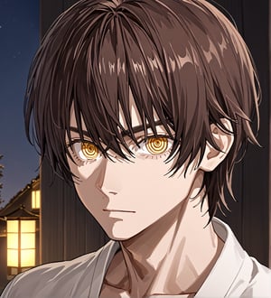 score_9,1boy, men, solo, 17 years old, (face view),  dark brown hair, baggy eyes  (ringed eyes, yellow eyes, Beautiful eyes, muscular arms, defined body), (masterpiece, best quality, modell, official art, beautiful and aesthetic:1.2), dark colors, kimono, hayato gokudera, outdoors