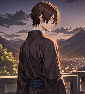 score_9,1boy, men, solo, 19 years old, (back view),  dark brown hair, baggy eyes  (ringed eyes, yellow eyes, Beautiful eyes, normal muscular muscular arms, defined body), (masterpiece, best quality, modell, official art, beautiful and aesthetic:1.2), dark colors, kimono, hayato gokudera, outdoors