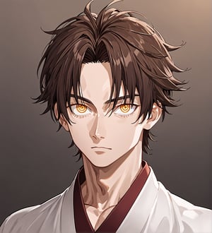 score_9,1boy, men, solo, 17 years old, (face view),  dark brown hair, baggy eyes  (ringed eyes, yellow eyes, Beautiful eyes, muscular arms, defined body), (masterpiece, best quality, modell, official art, beautiful and aesthetic:1.2), dark colors, kimono, hayato gokudera, 