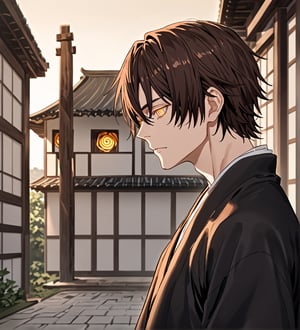 score_9,1boy, men, solo, 19 years old, (side view),  dark brown hair, baggy eyes  (ringed eyes, yellow eyes, Beautiful eyes, normal muscular muscular arms, defined body), (masterpiece, best quality, modell, official art, beautiful and aesthetic:1.2), dark colors, kimono, hayato gokudera, outdoors