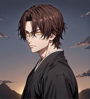 score_9,1boy, men, solo, 19 years old, (side view),  dark brown hair, baggy eyes  (ringed eyes, yellow eyes, Beautiful eyes, normal muscular muscular arms, defined body), (masterpiece, best quality, modell, official art, beautiful and aesthetic:1.2), dark colors, kimono, hayato gokudera, outdoors