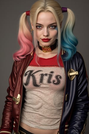 Young sexy Harley Quinn, skinny, with the word "Kris" written on the shirt 