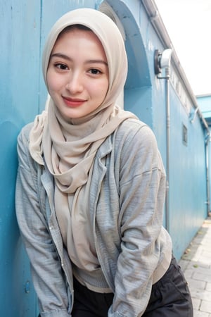 Very detailed CG Unity 8k wallpaper, Highest quality, Very detailed, masterpiece, Realistic, photo Realistic, Half Body Shot, Too bright natural light, Shining Sun, beautiful girl, expresive face, (wearing hijab), beautiful face, eyelid, (mole under eye), blush, glossy lips, wearing jacket, wearing trousers, standing, laying on wall, medium full shot, looking_at_viewer, smile, transparent_clothing, seethrough, thick clothes