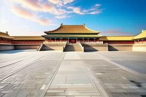 A majestic architectural masterpiece, the Forbidden City's intricate stone walls and ornate tile roofs rise majestically against a bright blue sky, with wispy clouds drifting lazily across. The imposing vermilion walls are illuminated by warm sunlight casting long shadows on the intricately patterned marble floor, while ancient trees and lush greenery surround the grand courtyard.