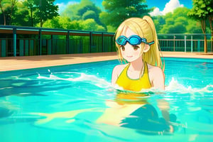 A serene summer afternoon scene: a young girl wearing a bright yellow swimsuit and matching goggles, her long blonde hair tied back in a ponytail, swims effortlessly across the crystal-clear waters of the community pool. The warm sunlight casts a gentle glow on the rippling surface, while the surrounding deck's lush greenery provides a tranquil backdrop, anime style.