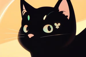 A close-up shot of a sleek black cat's face, set against a warm golden backdrop with subtle gradient shadows. The cat's eyes gleam like polished onyx as it tilts its head to the left, whiskers twitching with curiosity. A delicate crescent moon shape adorns its forehead, and its ears are adorned with tiny anime-inspired details.