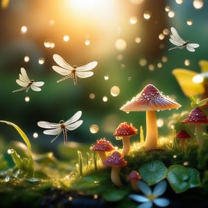 Create an enchanting whimsical fairy garden scene, where delicate plants and tiny mushrooms are adorned with sparkling dewdrops under a soft morning light. The composition captures glittering dragonflies in mid-flight, adding a dynamic element to the serene, lush setting. The framing focuses on the intricate details of the miniature landscape, inviting viewers into a magical, hidden world.