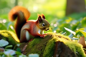 A close-up shot of a tiny, adorable squirrel sitting on a moss-covered log in a lush forest glade. The squirrel's fluffy tail twitches as it sniffs the air, its bright brown eyes shining with curiosity. Soft sunlight filters through the leafy canopy above, casting a warm glow over the scene.