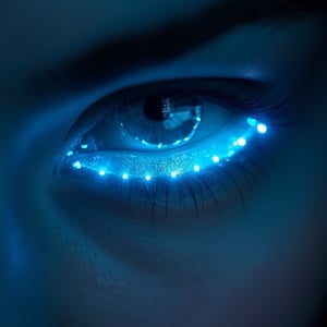 A close-up shot of a woman's eyes, with her gaze directed straight into the camera lens. She wears futuristic high-tech contact lenses that glow softly, emitting a blue-ish hue. The lighting is dim, with only a faint LED illumination surrounding her irises, creating an otherworldly ambiance. Her eyelashes are long and luscious, framing the lens's sleek design.