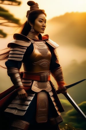 Portrait of a fierce Chinese woman warrior standing tall in a misty mountain forest, her armor glinting with subtle bronze hues as morning sunbeams filter through the treetops. She holds a gleaming sword at her side, one hand grasping the hilt while the other rests on her hip. Her determined gaze pierces the fog, a hint of confidence and strength emanating from her steadfast stance.