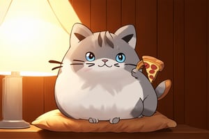 A whimsical portrait of Pusheen cat sitting majestically on a plush cushion, her bright blue eyes gleaming under the soft glow of a lamp's warm light. Her fluffy gray and white fur appears extra vibrant against the rich brown wooden paneling behind her. Pusheen's paws dangle lazily, one grasping a tantalizing slice of pizza, as she surveys her domain with an air of feline contentment, anime style.