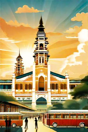 Vintage charm meets modern flair in this captivating poster showcasing Ipoh's iconic Railway Station as the central hub. Against a warm, sunset-hued backdrop, the Art Deco-style building stands out against a lush greenery, with wispy steam rising from the tracks. In the foreground, a vintage-style car and a few locals going about their daily routine add a sense of nostalgia. The bold, golden typography screams 'Ipoh' in the upper left corner, while the lower right features a subtle map of the city. This stunning visual representation invites you to step into Ipoh's rich history and vibrant culture.