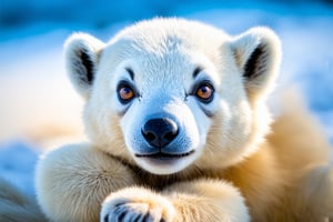 A close-up shot of a tiny polar bear cub's face, its fluffy white fur and bright brown eyes taking center stage against a soft, creamy background. The cub's tiny paws are curled up, and its nose is twitching as it sniffs the air. Natural lighting casts a warm glow on the scene, with a subtle gradient of icy blues in the background to hint at the Arctic environment.