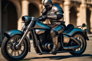 A close-up shot of an iron-clad male, dressed in medieval armor, sits atop a vintage-inspired motorcycle, its metal body gleaming in the sunlight. The camera captures his rugged features and determined expression as he grips the handlebars, engine roaring to life.