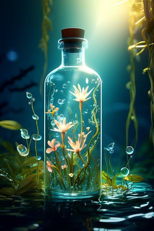 a transparent glass bottle in deep sea, inside the glass bottle there are flowers, petals, grass, plants, leaves, vines twining, water drops, forest, ray facing, strong contract, 3D art, depth of filed, ambient light