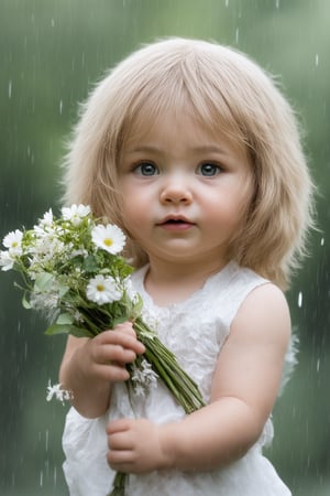 (masterpiece, best quality, 4K, 8K, high-resolution, ultra-detailed, photorealistic), a baby girl holding a bouquet of flowers in the rain, tender and heartwarming scene, delicate petals and leaves, realistic fur texture, gentle raindrops, soft lighting, whimsical and dreamy atmosphere, high contrast, soft shadows, dynamic composition, natural background, wet fur, glistening droplets, botanical details, baby animal, enchanting moment
