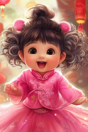 A whimsical illustration of a 2-year-old Asian girl with an endearing oversized head and petite body, her fluffy hair styled in soft tendrils. Her big eyes sparkle with mischief as one eye blinks playfully, accompanied by a sweet, doe-like mouth. She's dressed in a vibrant pink Chinese traditional dress, its folds and details rendered in 3D-like precision. Anime-inspired colors and textures bring this scene to life, inviting the viewer into a world of childhood wonder and delight.