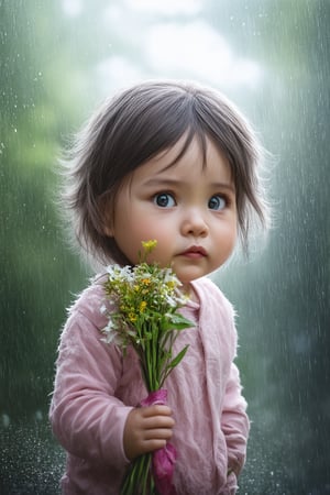 (masterpiece, best quality, 4K, 8K, high-resolution, ultra-detailed, photorealistic), a baby girl holding a bouquet of flowers in the rain, tender and heartwarming scene, vibrant colors, intricate details, delicate petals and leaves, realistic fur texture, gentle raindrops, soft lighting, whimsical and dreamy atmosphere, high contrast, soft shadows, dynamic composition, natural background, wet fur, glistening droplets, botanical details, baby animal, enchanting moment
