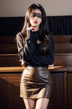 1 girl, solo, long hair, skirt, shirt, black hair, long sleeves, standing, denim shooting, indoor, mini skirt, sweater, red lips, black shirt, shadow, white dress, facing the audience, pencil skirt, eye mask, hands on her chin, (poakl)) (close eyes), 1 girl