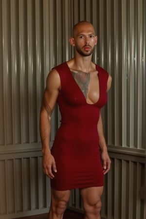 Andrew Tate wearing a dress, red dress, little red dress, , red lipstick,  prison cell, low cut dress, full body, hourglass figure,wonder beauty, high_heels, fish_nets, in jail,