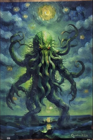 Cthulhu, giant monster rising from the ocean under starry sky. s,impressionism,fine art, vangogh, swirling stars, brush strokes, texturesd, 