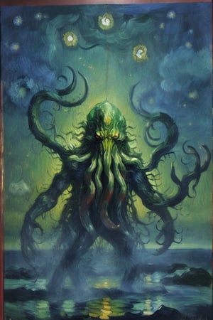 Cthulhu, giant monster rising from the ocean under starry sky. s,impressionism,fine art, vangogh, swirling stars, brush strokes, texturesd, 