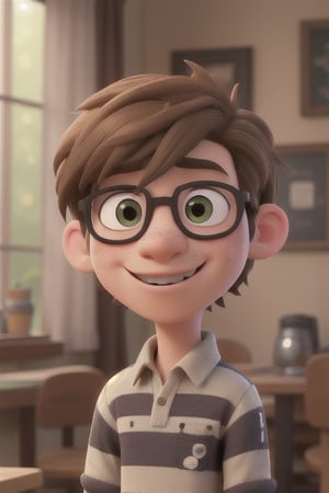 solo, looking at viewer, smile, short hair, brown hair, shirt, 1boy, brown eyes, closed mouth, upper body, male focus, glasses, striped, collared shirt, artist name, indoors, blurry, sweater, window, blurry background, watermark, curtains, child, web address, freckles, round eyewear, deviantart username