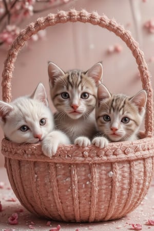 Anime picture of 3 cute kittens with big sparkling eyes, sitting and playing in a pink flower basket, pink tone.