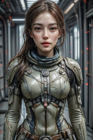 Masterpiece, top quality, realistic, realistic style, FuturEvoLabScene 1, single girl, looking at the audience, long hair tied back, tight space suit, light green and blue, full body shot.