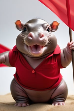 High-resolution 4K photo, cinematic lighting, baby hippo wearing a deep V-neck shirt, shiny red, waving a red flag, thin fabric, cute and adorable, a 6-month-old chubby hippo.