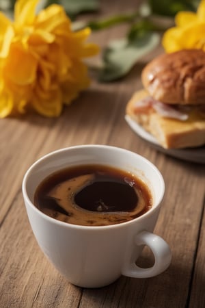 High-resolution 4K photo with cinematic lighting. A cup of coffee with sandwich on the table near the the yellow fower.