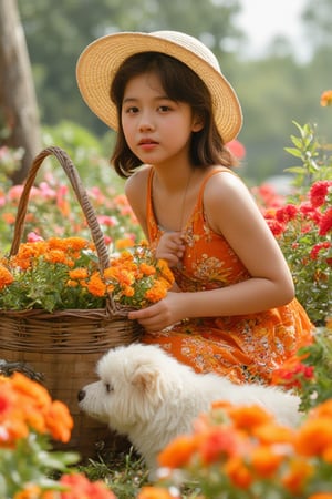 High Definition of photo Cute Thai Girl Illustration. 14-year-old Thai girl wearing bright orange dress and hat is sitting in a flower basket full of red-orange flowers. She is crouching down to play with a fluffy white dog. Realistic style.