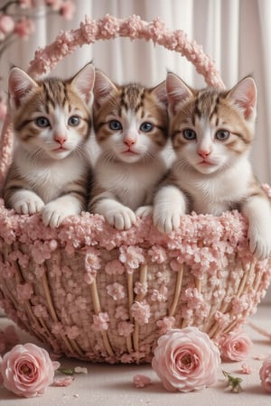 Anime picture of 3 cute kittens with big sparkling eyes, sitting and playing in a pink flower basket, pink tone.