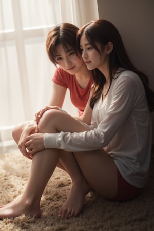 anime couple sitting and cuddling on floor. 3/4 angle