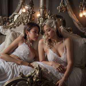 Photographed in a Thai bedroom. In a luxurious Thai-style bedroom decorated with exquisite Thai details, decorated with intricate gold furniture and post-Gothic fabrics. Two beautiful modern Thai women – a blonde with short, masculine hair and a long, brown-haired woman with light-colored eyes – lie on soft pillows. The scene is bathed in a soft twilight of soft greys and neon. Each of the women’s bodies is adorned with luxurious jewelry, including earrings, rings, bracelets and necklaces, as they look down at their fiancés in this masterpiece of intimacy and desire.