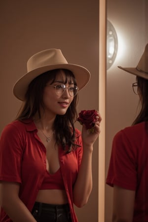 High resolution photo, 4K resolution, cinematic lighting, a 22-year-old Thai girl wearing a deep V-neck shirt with crop top, a thin fabric, a light red color, looking in the mirror, looking at her face like a young girl. She has a beautifully shaped body through the reflection of the clear light. Her right hand holds a dark red rose, wears a wide-brimmed hat, wears glasses, smiles slightly, full body photo, she wears high heels.