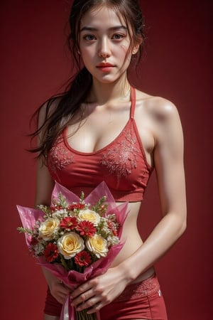 Masterpiece, excellent quality, realistic, 4K high-definition photo style. A 24-year-old cute Japanese woman, wearing a fiery red sports bar and dark pink sports shorts, standing holding a colorful bouquet of flowers wrapped in bright pink paper, revealing her beauty. The background has a soft red tone, posing for a sexy, ambush photo.