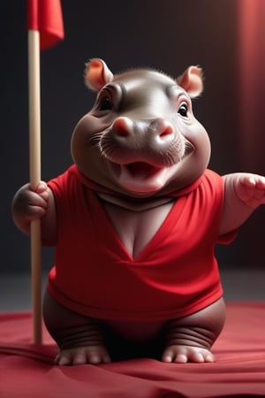 High-resolution 4K photo, cinematic lighting, baby hippo wearing a deep V-neck shirt, shiny red, waving a red flag, thin fabric, cute and adorable, a 6-month-old chubby hippo.