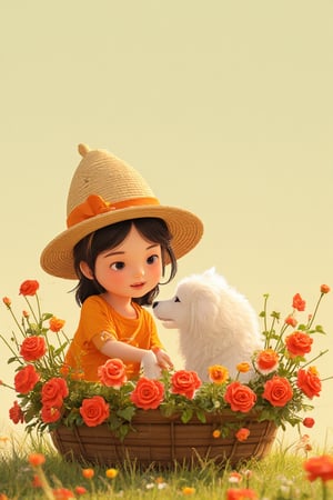 High Definition Cute Cartoon Girl Illustration. 4-year-old Thai girl wearing bright orange dress and hat is sitting in a flower basket full of red-orange flowers. She is crouching down to play with a fluffy white dog. Cartoon style.