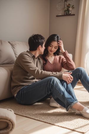 anime couple sitting and cuddling on floor. 3/4 angle