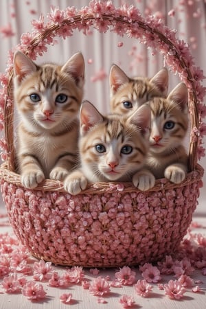 Anime picture of 3 cute kittens with big sparkling eyes, sitting and playing in a pink flower basket, with pink flowers placed on the floor, overflowing with pink tones.