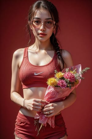 Masterpiece, excellent quality, realistic, 4K high-definition photo style. A 24-year-old cute Japanese woman, wearing a fiery red "Nike" sports bar and dark pink sports shorts, wearing pink tea-colored sunglasses, looking gorgeous, standing holding a bouquet of colorful flowers wrapped in bright pink paper, revealing her beauty. The background has a soft red tone, the tone is dark red at the edges, posing for a sexy photo shoot in ambush.