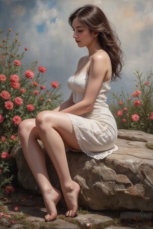  painting of a woman sitting on a rock with flowers, a fine art painting by Michael Garmash, Artstation, figurative art, painting vladimir volegov, romanticism painting, michael garmash and rob rey
Removed From Image