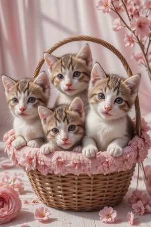 Anime picture of 3 cute kittens with big sparkling eyes, sitting and playing in a pink flower basket, with pink flowers placed on the floor, overflowing with pink tones.