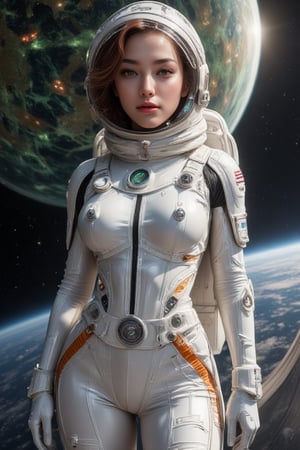 A digital artwork depicting a female astronaut floating in space, viewed from a dynamic angle slightly to the left. She wears a futuristic white translucent spacesuit with intricate details, including orange and silver accents, illuminated buttons, tubes, and control panels. The suit features smooth fabric sections and reflective metallic elements, giving it a sleek appearance. A circular device on her chest emits a green glow. The suit is charming her perfect body. Her helmet is white with a reflective visor encasing her face, showing vivid green eyes and voluminous curly hair in virbrant coral red color. The helmet's interior lights emit a mix of blue and orange hues, casting a soft teal light onto her face and creating a striking contrast with her bright green irises. The astronaut's expression is focused and determined as she looks directly at the viewer. A thin, flexible life-saving cable diagonally from the bottom left towards her body, appearing silver-gray with a ribbed texture. In the background, there is a large planet with Earth-like features, displaying vibrant green nebulous clouds interspersed with red spots. A blue and purple gradient line represents Earth's horizon. The vastness of space is filled with stars scattered across the dark backdrop, punctuated by faint planetary bodies visible near the horizon. The scene is dramatically lit with high contrast between illuminated areas and deep shadows, emphasizing the depth and scale of outer space. The overall composition creates a sense of adventure and wonder, capturing the essence of space exploration with its rich colors, intricate details, and sci-fi elements.