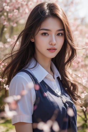 This photograph captures a beautiful Thai woman shining in a colorful maple garden. The young woman, wearing a Thai school girl's uniform, a white collared shirt, a dark blue pleated skirt, and a short dark blue tie, spins gracefully around as she moves, with cherry blossom petals swaying in the wind. Her long, shiny black hair falls down her back in loose curls, and her eyes sparkle like precious gems, filled with a captivating beauty that makes it impossible for anyone to take their eyes off her. The garden is full of colors, and this photograph is delicately and delicately rendered.